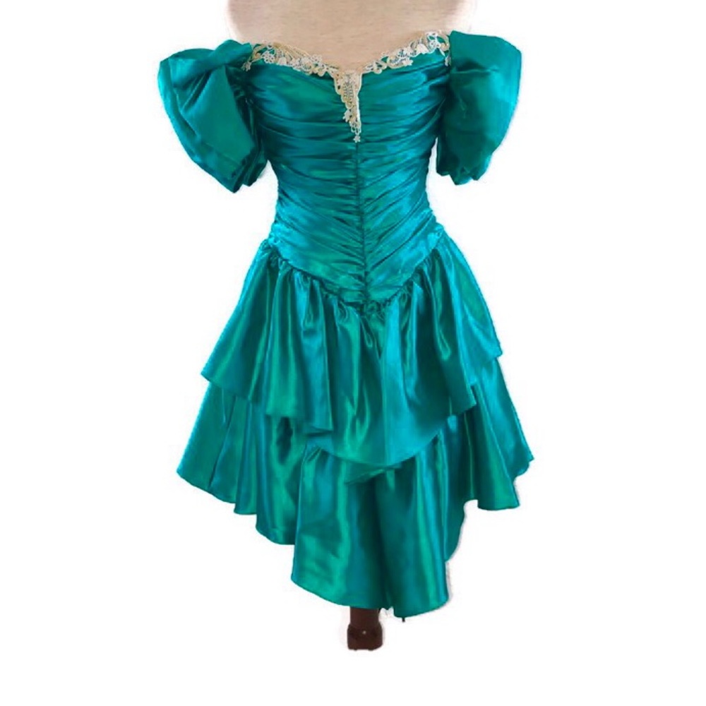 Turquoise ruched Dress 70s 80s puff tiered size 4